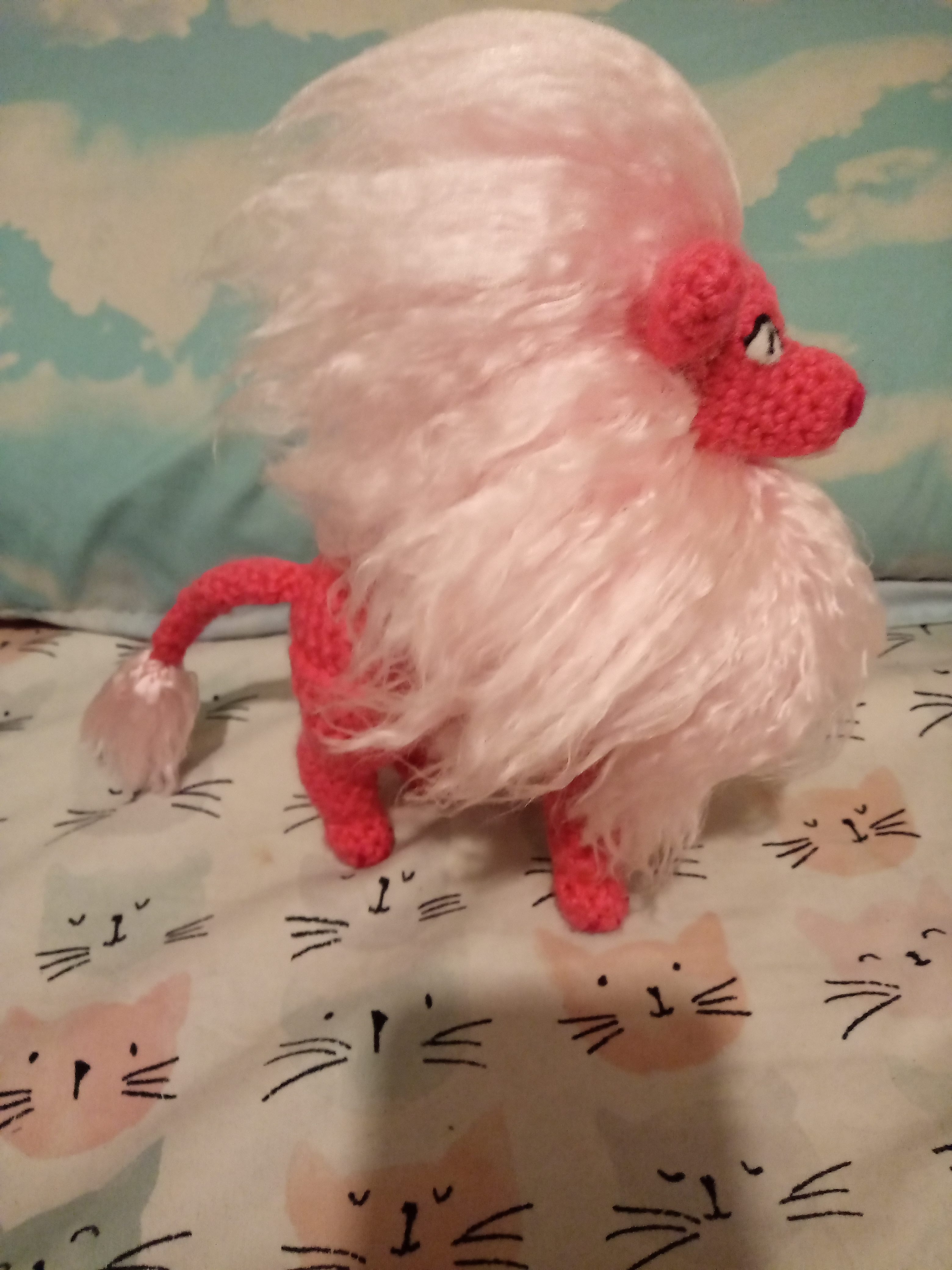 side view of crocheted Lion from Steven Universe fully completed with styled mane