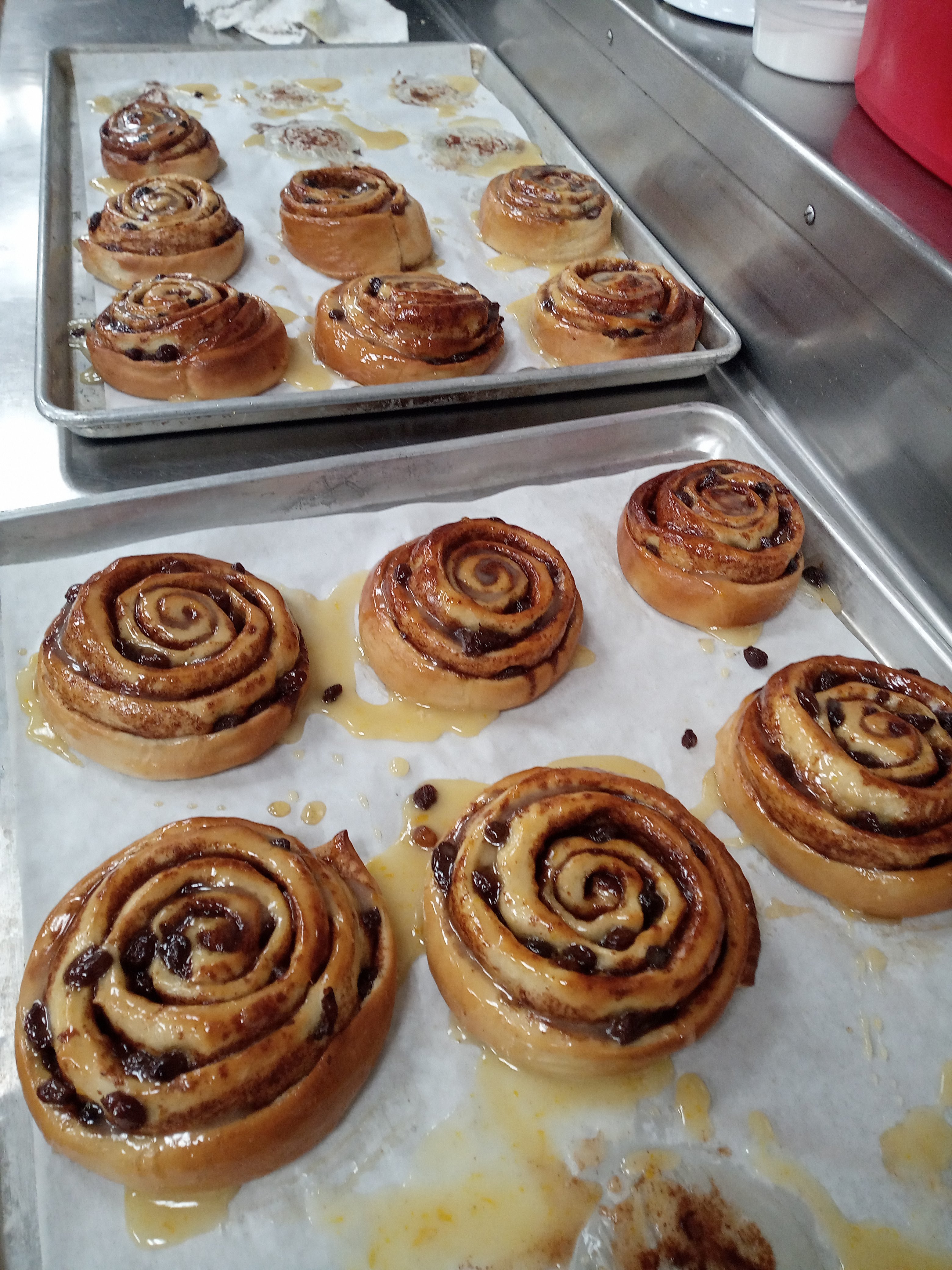 two baking trays lined with cinnamon rolls covered in a runny glaze