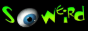 black button with distorted green font that says so weird with an eyeball for the o in so