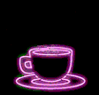 a pink neon light coffee cup on a saucer with blue neon light steam lines rising out of the top